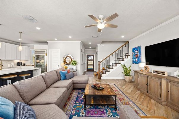 Interior, Kitchen, Living room, Pendant Lights, Recessed Lighting, Stainless Steel Appliances, Wood Texture Flooring