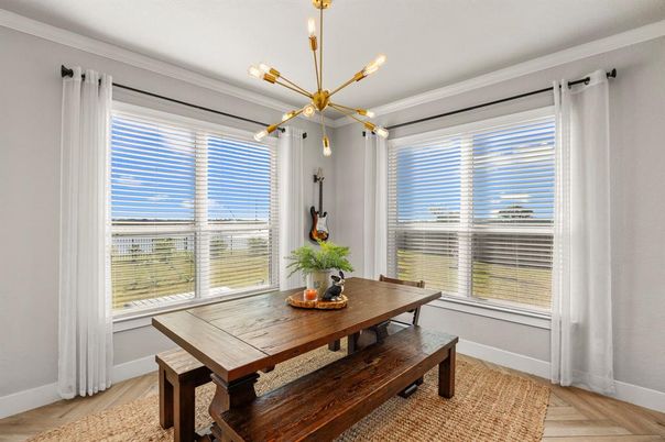 Dining room, Interior, Pendant Lights, Wood Texture Flooring