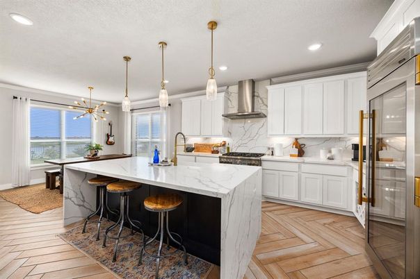 Interior, Kitchen, Marble Walls, Pendant Lights, Recessed Lighting, Stainless Steel Appliances, Wood Texture Flooring