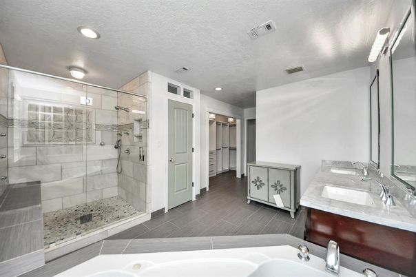 Bathroom, Dual Sink Vanities, Glass Shower, Interior, Recessed Lighting