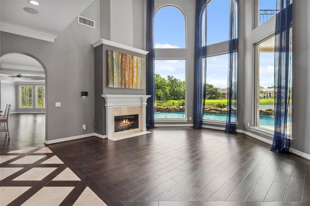 Fireplace, Interior, Recessed Lighting, Wood Texture Flooring