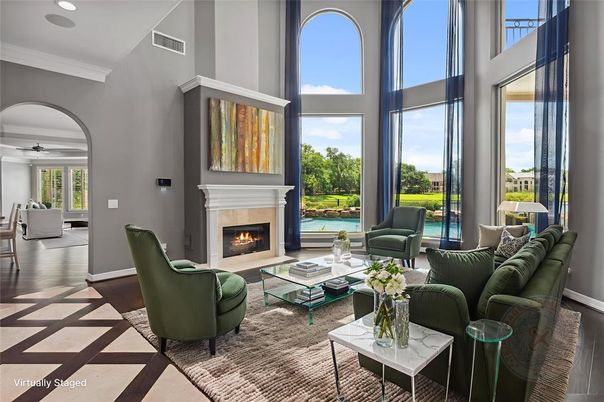Fireplace, Interior, Living room, Recessed Lighting, Water, Wood Texture Flooring