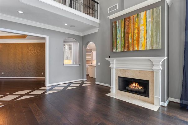 Fireplace, Interior, Recessed Lighting, Wood Texture Flooring