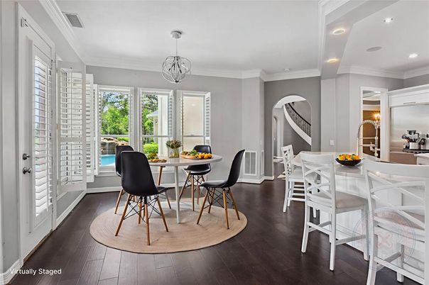 Dining room, Interior, Pendant Lights, Recessed Lighting, Wood Texture Flooring