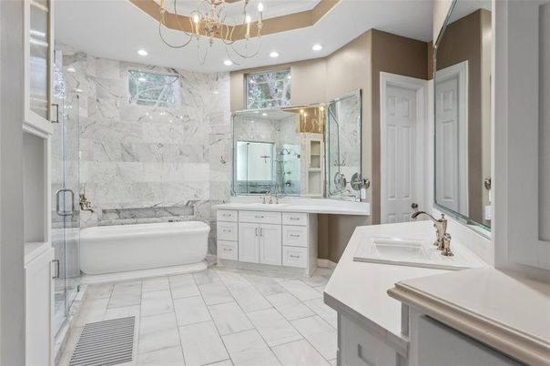 Bathroom, Chandelier, Dual Sink Vanities, Interior, Marble, Marble Walls, Recessed Lighting