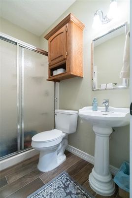 Bathroom, Glass Shower, Interior, Wood Texture Flooring