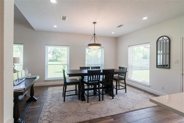 Dining room, Interior, Pendant Lights, Recessed Lighting, Wood Texture Flooring