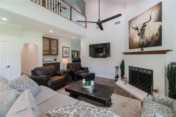Fireplace, Interior, Living room, Recessed Lighting, Wood Texture Flooring