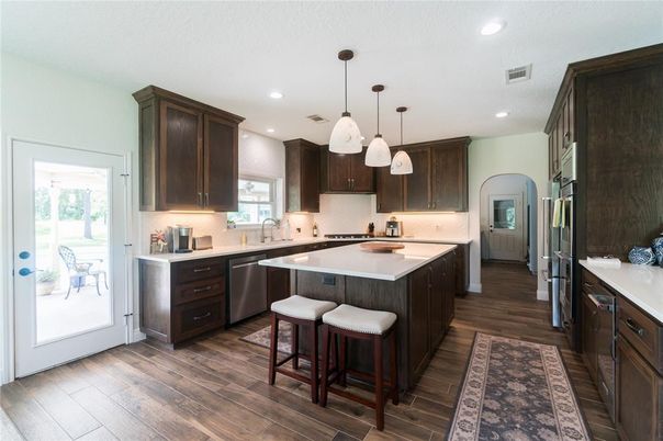 Interior, Kitchen, Pendant Lights, Recessed Lighting, Stainless Steel Appliances, Wood Texture Flooring