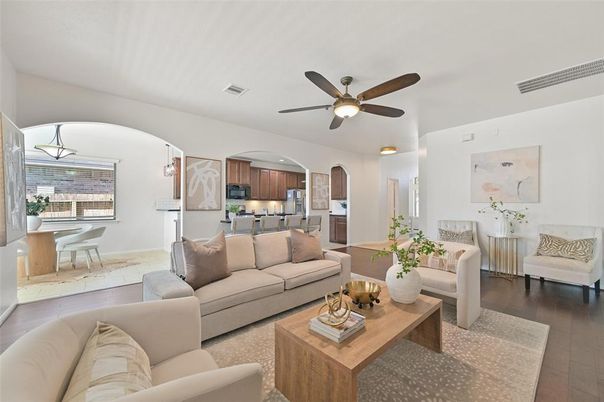 Dining room, Interior, Kitchen, Living room, Pendant Lights, Wood Texture Flooring