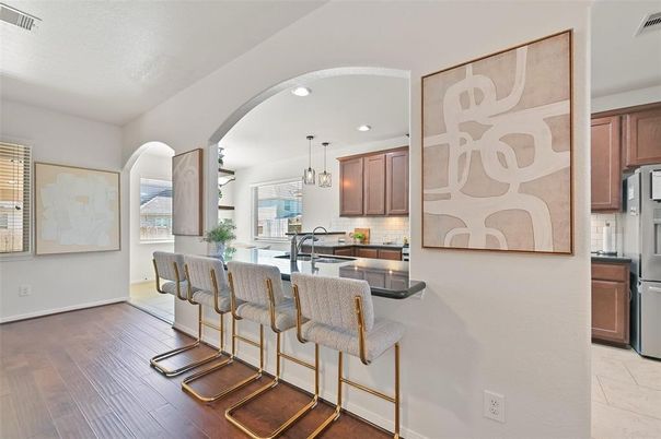 Interior, Kitchen, Pendant Lights, Recessed Lighting, Wood Texture Flooring