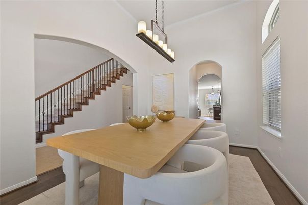Dining room, Interior, Pendant Lights, Wood Texture Flooring