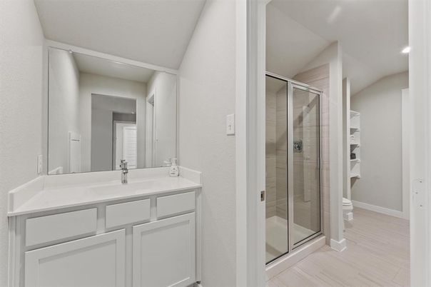 Bathroom, Glass Shower, Interior, Recessed Lighting, Wood Texture Flooring
