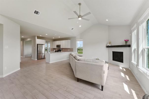 Fireplace, Interior, Kitchen, Living room, Recessed Lighting, Stainless Steel Appliances, Wood Texture Flooring