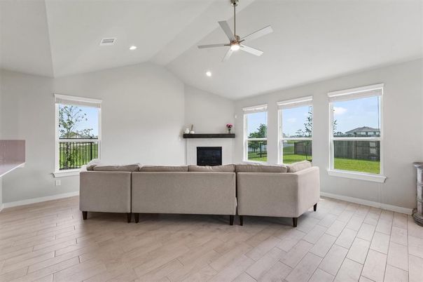 Fireplace, Interior, Living room, Recessed Lighting, Wood Texture Flooring