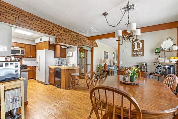 Chandelier, Dining room, Interior, Kitchen, Wooden Beams, Wood Texture Flooring