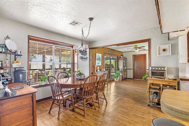 Dining room, Interior, Pendant Lights, Wood Texture Flooring