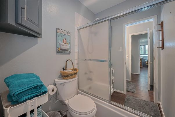 Bathroom, Glass Shower, Interior, Wood Texture Flooring