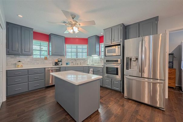 Interior, Kitchen, Recessed Lighting, Stainless Steel Appliances, Wood Texture Flooring