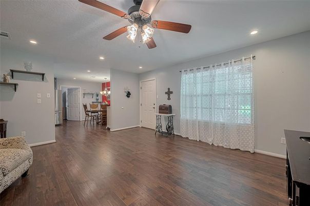 Dining room, Interior, Recessed Lighting, Wood Texture Flooring