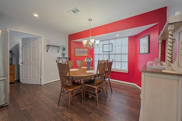 Chandelier, Dining room, Interior, Pendant Lights, Recessed Lighting, Wood Texture Flooring