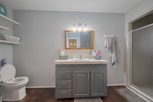 Bathroom, Interior, Tile Countertops, Wood Texture Flooring