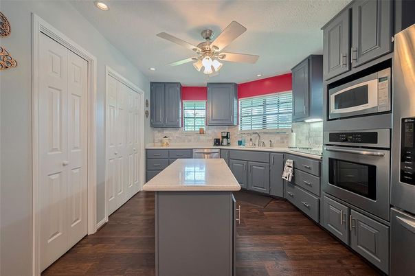 Interior, Kitchen, Recessed Lighting, Stainless Steel Appliances, Wood Texture Flooring