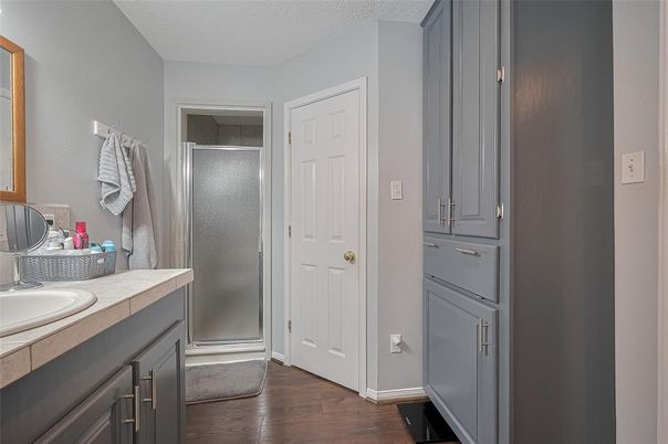 Bathroom, Interior, Tile Countertops, Wood Texture Flooring