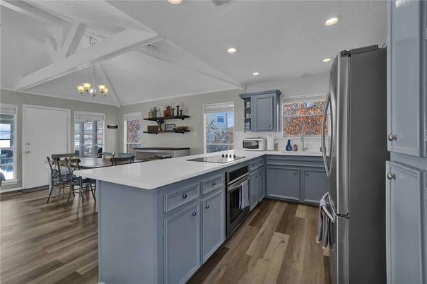 Dining room, Interior, Kitchen, Recessed Lighting, Wood Texture Flooring