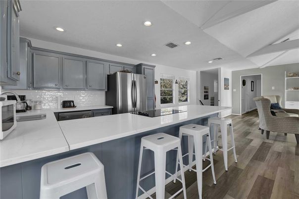 Interior, Kitchen, Recessed Lighting, Stainless Steel Appliances, Wood Texture Flooring
