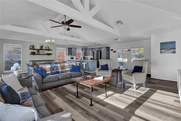 Chandelier, Interior, Kitchen, Living room, Recessed Lighting, Wood Texture Flooring