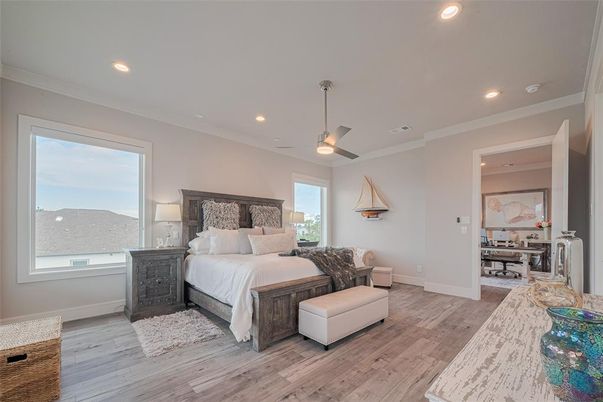 Bedroom, Interior, Recessed Lighting, Wood Texture Flooring