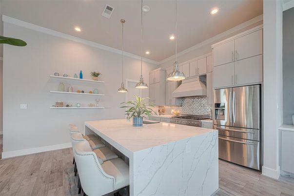 Interior, Kitchen, Pendant Lights, Recessed Lighting, Stainless Steel Appliances, Wood Texture Flooring