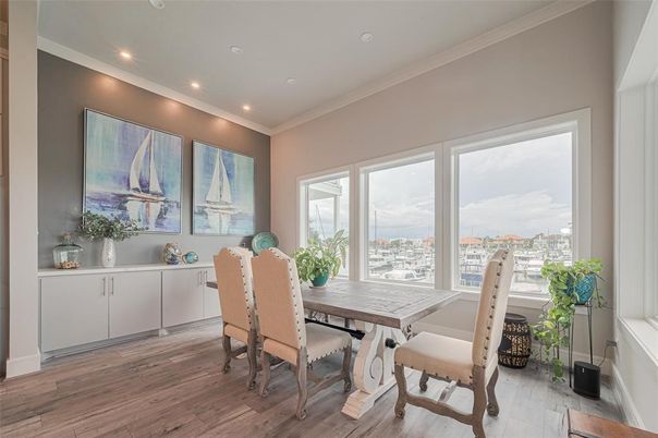 Dining room, Interior, Recessed Lighting, Wood Texture Flooring