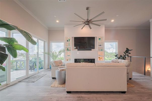 Fireplace, Interior, Living room, Recessed Lighting, Wood Texture Flooring