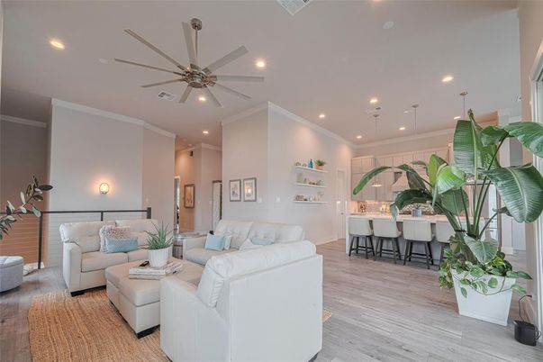 Interior, Living room, Pendant Lights, Recessed Lighting, Wood Texture Flooring