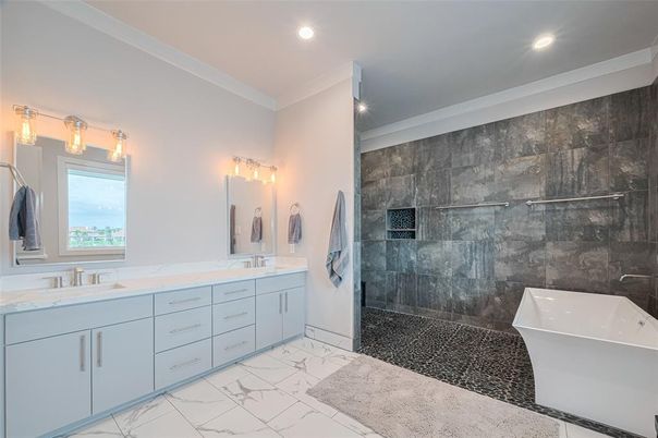 Bathroom, Dual Sink Vanities, Free Standing Baths, Glass Shower, Interior, Marble, Recessed Lighting