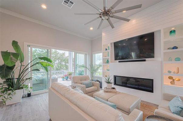 Fireplace, Interior, Living room, Recessed Lighting, Wood Texture Flooring