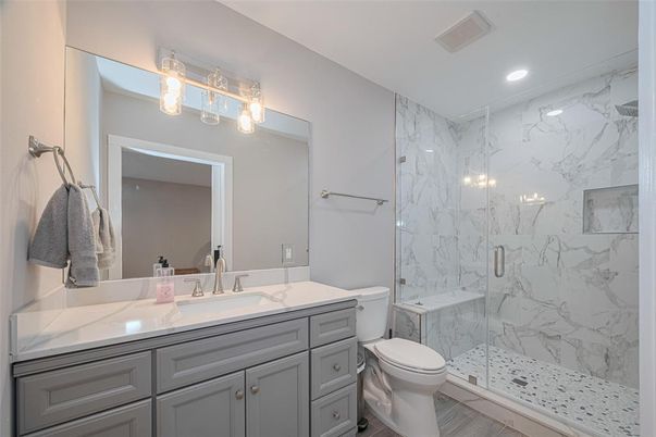Bathroom, Glass Shower, Interior, Marble Walls, Recessed Lighting