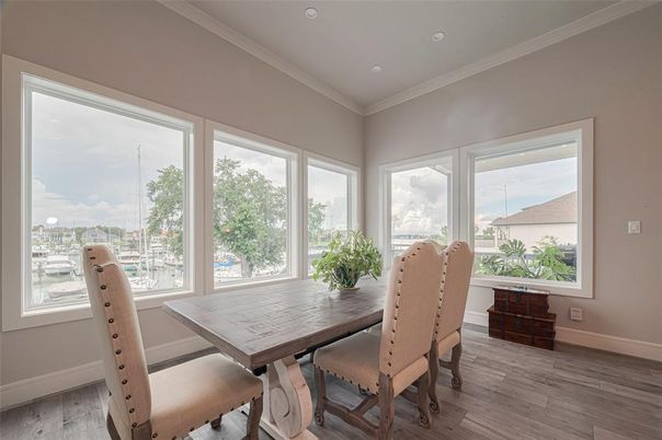Dining room, Interior, Recessed Lighting, Wood Texture Flooring