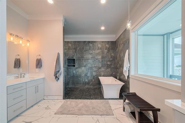 Bathroom, Free Standing Baths, Interior, Marble, Recessed Lighting