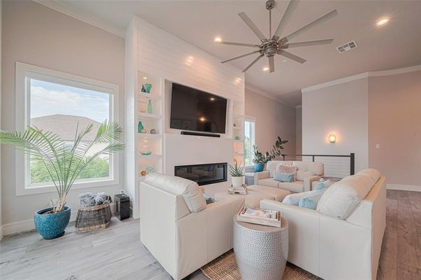 Fireplace, Interior, Living room, Recessed Lighting, Wood Texture Flooring