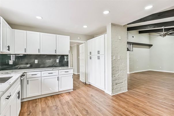Interior, Kitchen, Recessed Lighting, Wood Texture Flooring