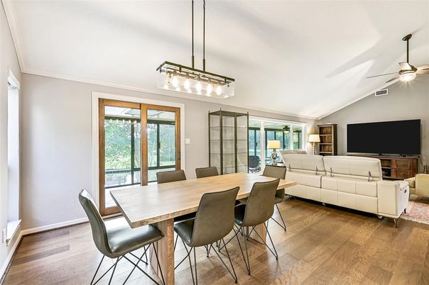 Dining room, Interior, Living room, Pendant Lights, Wood Texture Flooring