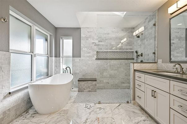 Bathroom, Dual Sink Vanities, Free Standing Baths, Glass Shower, Interior, Marble, Marble Walls, Stone Walls