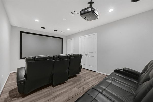 Home Theatre Room, Interior, Projection Screen, Recessed Lighting, Theatre Room, Wood Texture Flooring