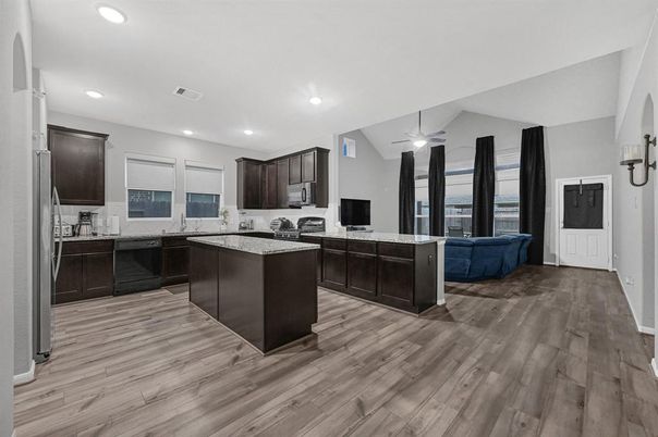 Interior, Kitchen, Living room, Recessed Lighting, Wood Texture Flooring