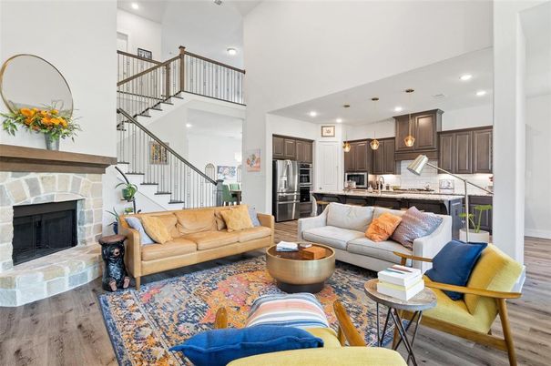 Fireplace, Interior, Kitchen, Living room, Pendant Lights, Recessed Lighting, Stainless Steel Appliances, Wood Texture Flooring