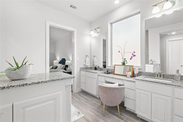 Bathroom, Bedroom, Dual Sink Vanities, Interior, Recessed Lighting, Wood Texture Flooring