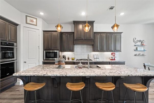 Interior, Kitchen, Pendant Lights, Recessed Lighting, Stainless Steel Appliances, Wood Texture Flooring